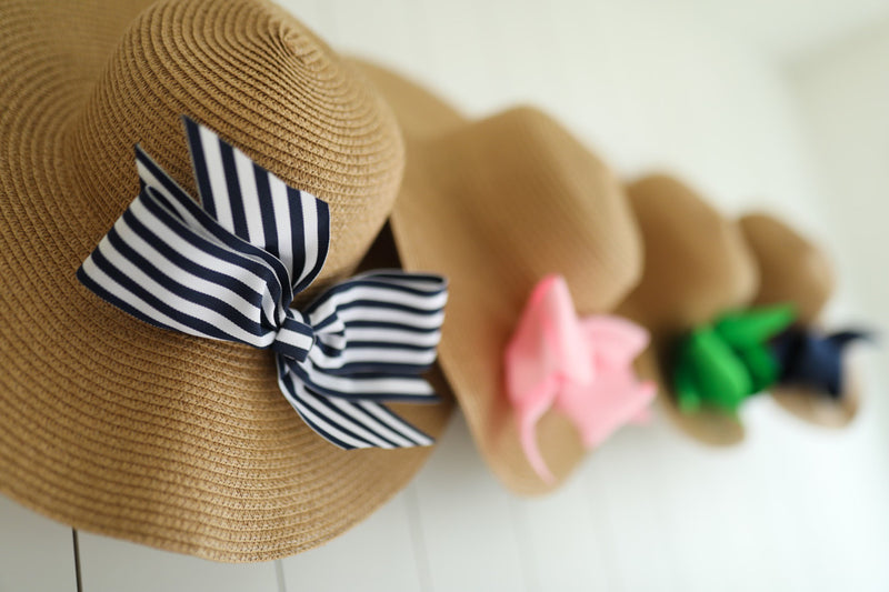 Straw Hat with Navy & White Interchangeable Bow or Pink Bow