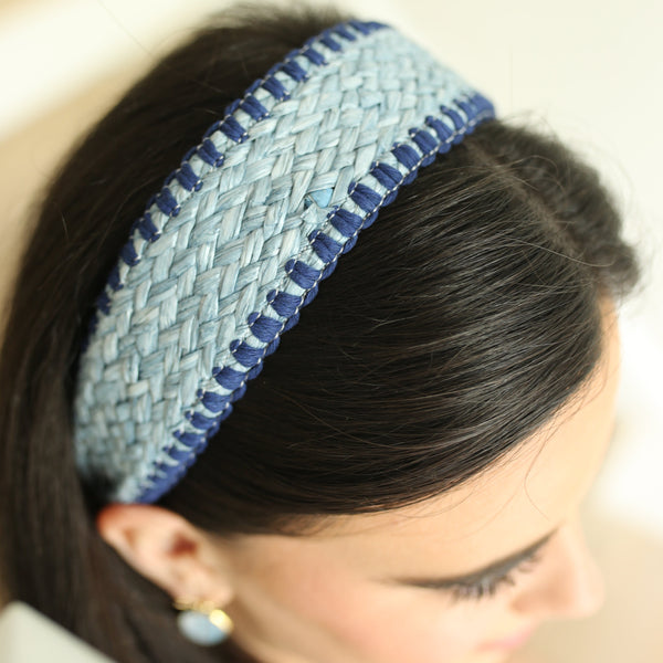 Light Blue & Navy Straw Woven Headband