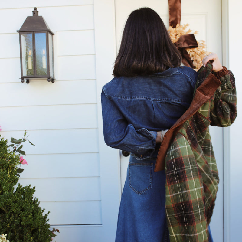 Plaid Quilted Jacket with Corduroy Detail