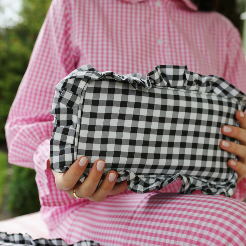 Black and White Gingham Ruffled Cosmetic Bag