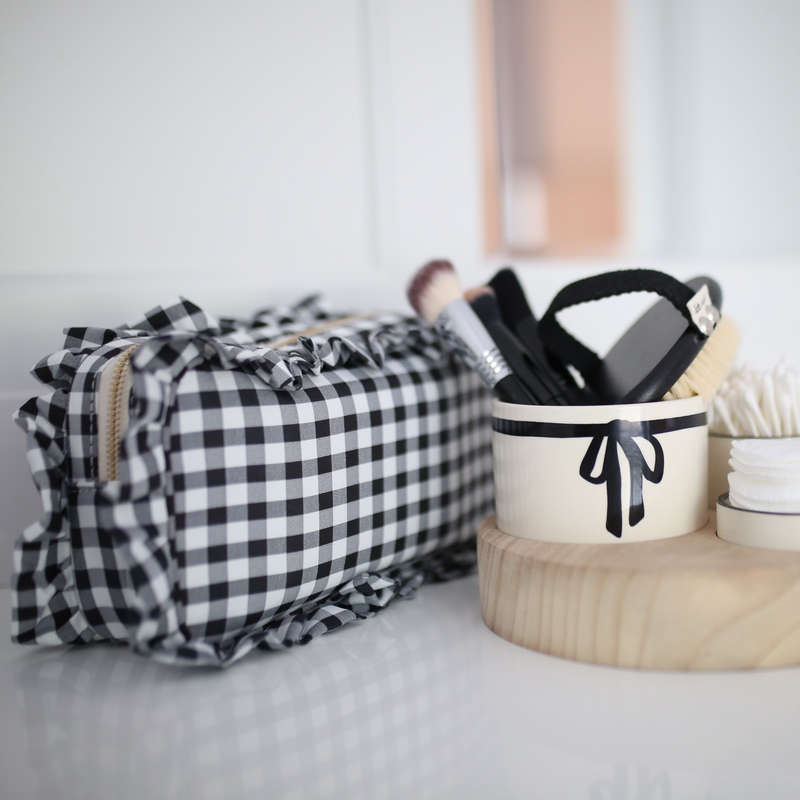 Black and White Gingham Ruffled Cosmetic Bag