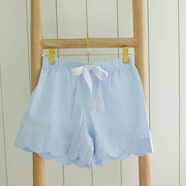 Blue and White Seersucker Scalloped Shorts