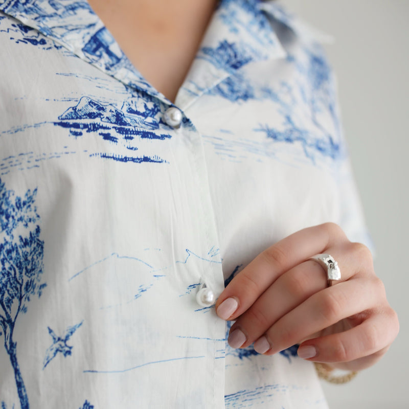 Blue and White Toile Shorts Set