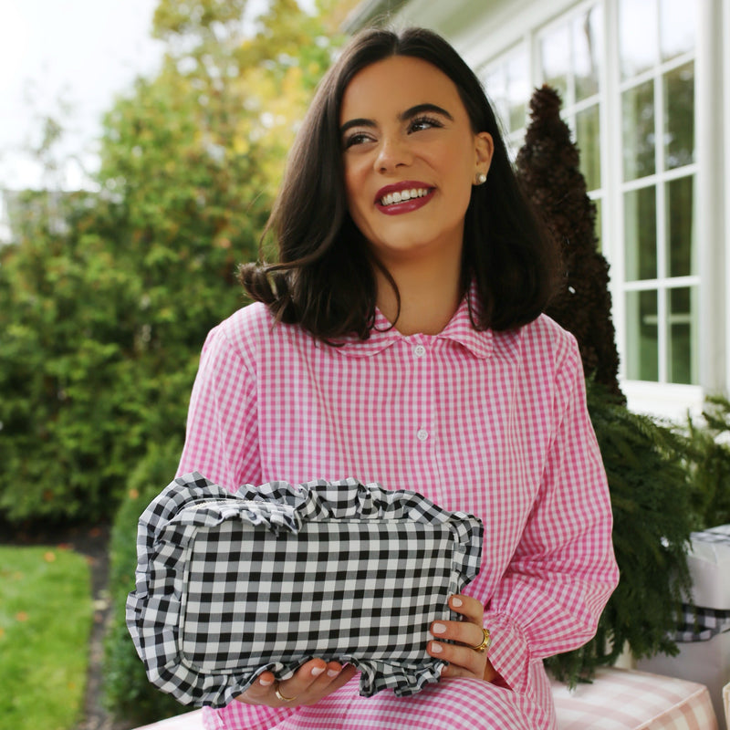 Black and White Gingham Ruffled Cosmetic Bag